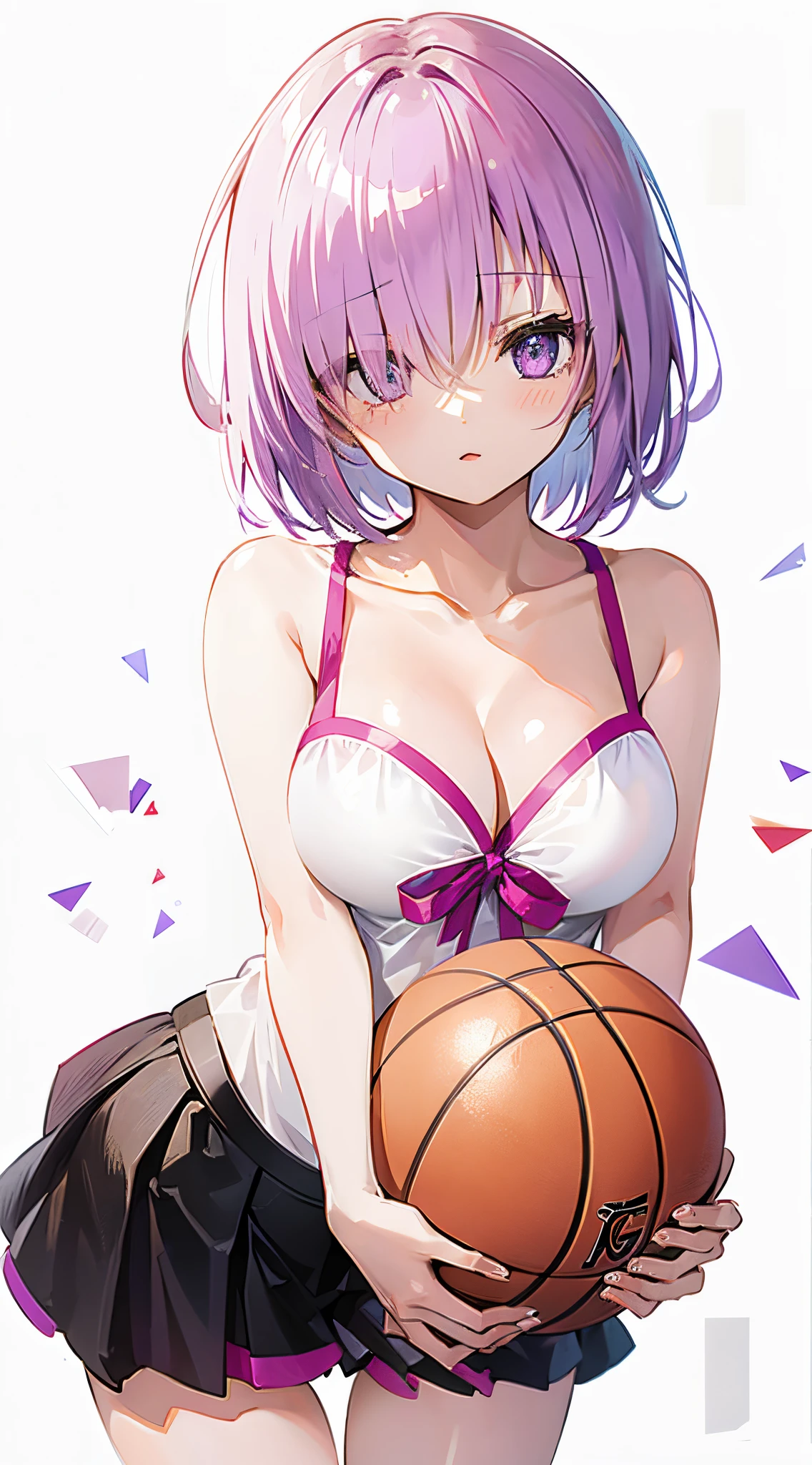 Purple medium hair、Hair over one eye、basketball、Holding the ball、Colossal tits、cleavage、in one's underwear only、White bra、Black miniskirt、