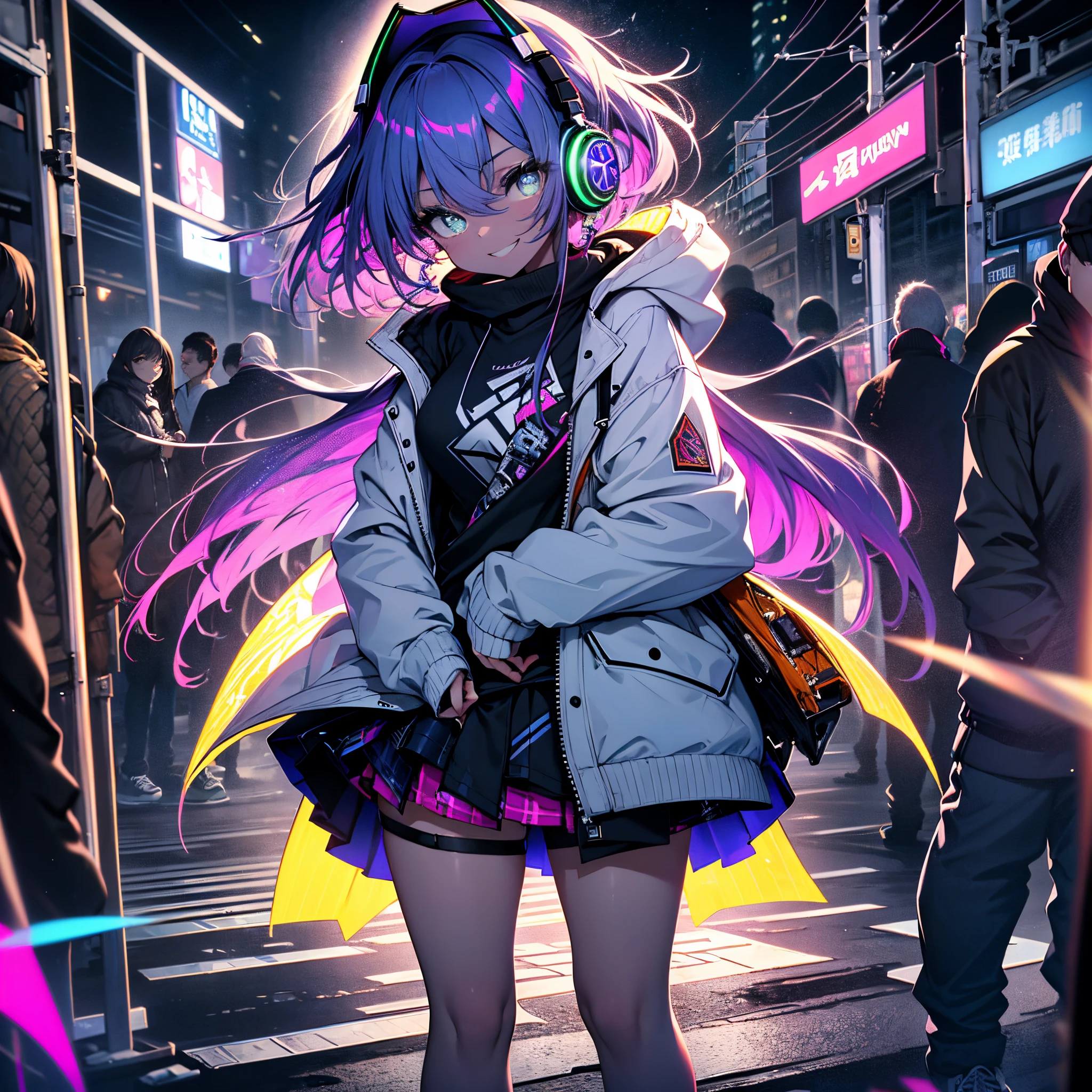 (best quality, 8k, highres, masterpiece:1.2, ultra-detailed, realistic:1.37, girl, playing an instrument, surreal, oversized hoodie, headphones, street style, hands in pockets, 
one girls[(pinkhair、amber eyes、a short bob、masutepiece、超A high resolution、Cute smile、Detailed limb depiction、Accurate depiction of limbs、Accurate finger depiction、Beautiful body line、beauty legs、Beautiful and detailed eye depiction、)
(Fluorescent large size blouson、White High Neck Sweater、Plaid miniskirt、White muffler、White sneakers in large size、)Enlarged portrait of a person、A sexy、Seduce the viewer、Open both legs、]
Neon color background、
beautiful night scene、
without background、