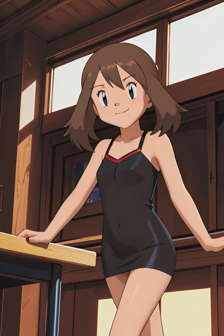 masutepiece, Best Quality, hight resolution, indoor, 1 girl, Solo, May (A pokémon), (((Brown hair))), bare shoulders, bare arms, (((black sweetheart mini dress ))), (high school:1.1), (((open leg))), (((closed_mouth))), smile, seductive.