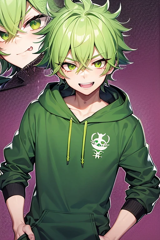 8K, spiky hair, nose bandage, bright lime green hair, boy, boy, cute boy, cute, lime green eyes, lime green hoodie, smiling, delinquent, handsome, very detailed, intricate detail, detailed face, cute fang, enthusiastic, energetic