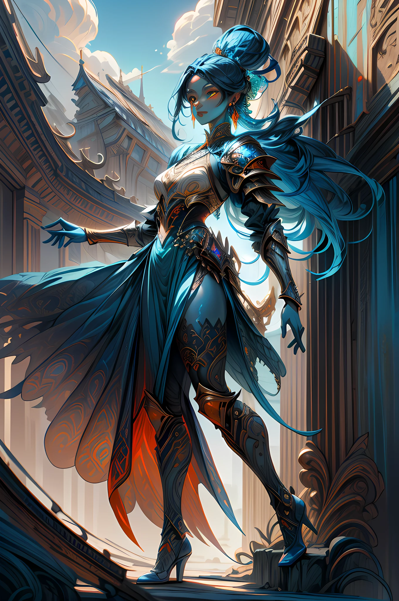 fantasy art, dnd art, RPG art, drkfntasy wide shot, (masterpiece:1.3), full body intense details, highly detailed, photorealistic, best quality, highres, portrait of a exotic race vedalken female (fantasy art, Masterpiece, best quality: 1.3) (blue colored skin: 1.3), intense details facial detail fantasy art, Masterpiece, best qualitGlowingRunes_palebluey)cleric, (blue colored skin: 1.3) 1person blue_skin, (bold head: 1.4), intense green eye, fantasy art, Masterpiece, best quality) armed a glowing sword , wearing heavy (white: 1.3) half plate mail armor LnF wearing high heeled laced boots, wearing an(orange :1.3) cloak within fantasy temple background and sun and clouds, reflection light, high details, best quality, 16k, [ultra detailed], masterpiece, best quality, (extremely detailed), dynamic angle, ultra wide shot, photorealistic, RAW, fantasy art, dnd art, fantasy art, realistic art