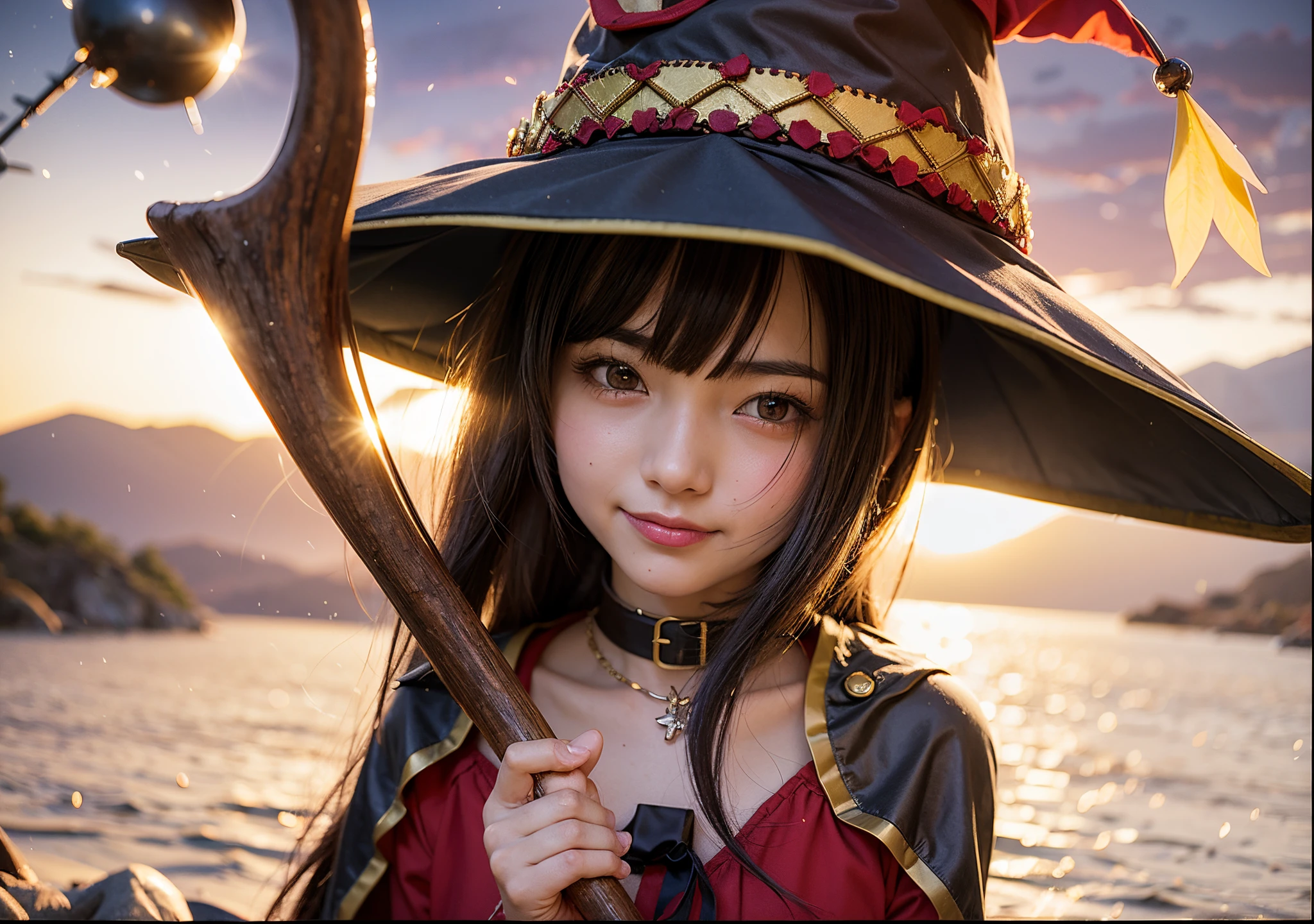 Megumin pose, konosuba, girl, witch hat & baton, red suit, smiling happily with closed eyes, red eyes, black short hair
