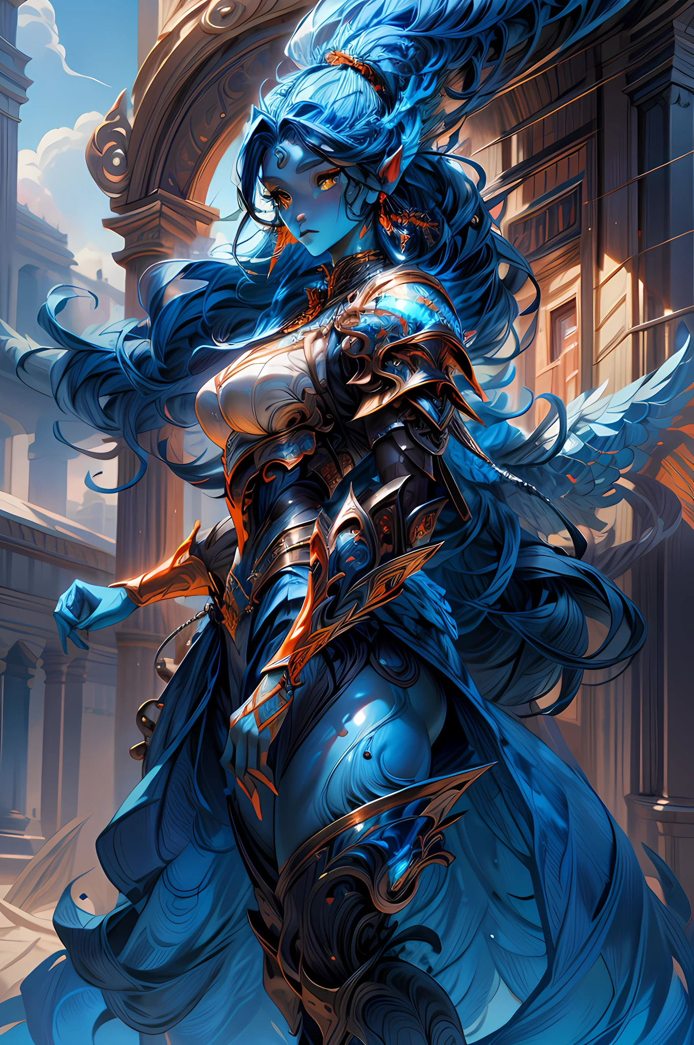 fantasy art, dnd art, RPG art, drkfntasy wide shot, (masterpiece:1.3), full body intense details, highly detailed, photorealistic, best quality, highres, portrait of a exotic race vedalken female (fantasy art, Masterpiece, best quality: 1.3) (blue colored skin: 1.3), intense details facial detail fantasy art, Masterpiece, best quality)cleric, (blue colored skin: 1.3) 1person blue_skin, (bold head: 1.4), intense green eye, fantasy art, Masterpiece, best quality) armed a fiery sword red fire, wearing heavy (white: 1.3) half plate mail armor LnF wearing high heeled laced boots, wearing an(orange :1.3) cloak within fantasy temple background and sun and clouds, reflection light, high details, best quality, 16k, [ultra detailed], masterpiece, best quality, (extremely detailed), dynamic angle, ultra wide shot, photorealistic, RAW, fantasy art, dnd art, fantasy art, realistic art