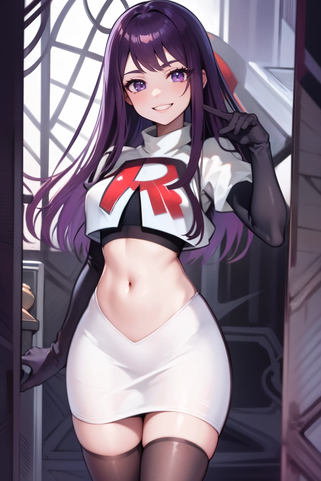 ivy fe purple eyes, purple hair, team rocket uniform, red letter R, white skirt,white crop top,black thigh-highs,black elbow gloves, smile, show teeth,
