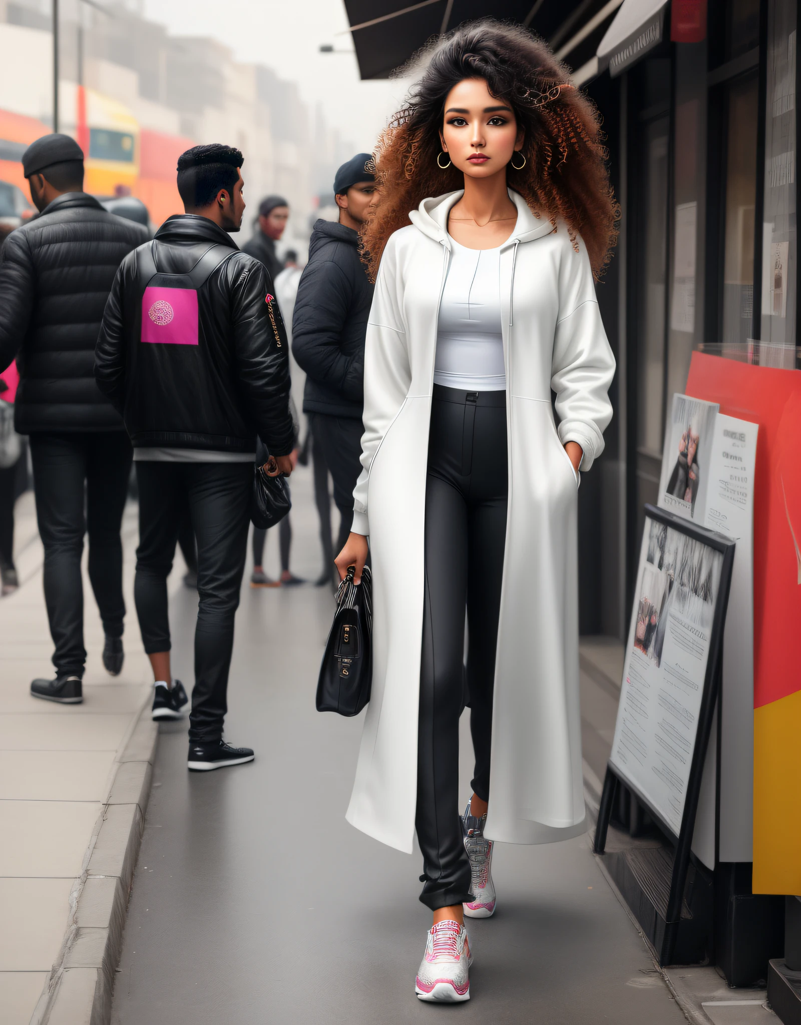 A visually striking illustration of a stylish South-Asian woman with luxurious curly hair, confidently standing on a sunlit city street. The woman is dressed in a chic jogging suit that exudes the latest trends in urban fashion. The artwork should achieve a remarkable level of digital realism, demonstrating exceptional attention to detail and precision in capturing the subject’s features. This piece should be a masterclass in urban fashion illustration and contemporary portraiture, blending the essence of modern street style with the sophistication of a soft, harmonious color palette. The lighting should be dynamic, emphasizing the subject’s presence and the play of light and shadow in the urban environment. The resulting artwork should not only celebrate the individuality and style of the South-Asian woman but also serve as a testament to the convergence of art, fashion, and culture. It should be a captivating portrayal, showcasing the finest aspects of digital artistry in the realm of contemporary fashion illustration.