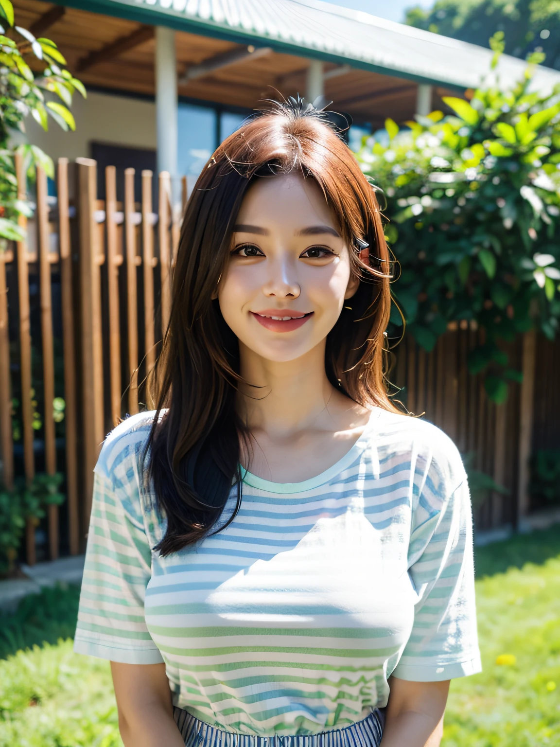 the street,Bust photo,Wear a striped short-sleeved shirt,with smile,Details at a glance,Colossal tits,Green field harmonious body example