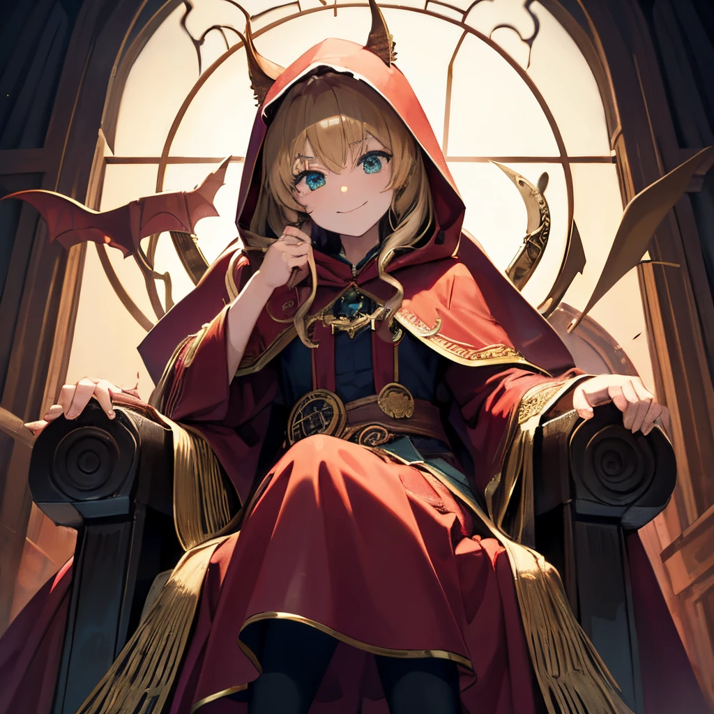 Best Quality、Little Red Riding Hood、12year old、Green eyes、a blond、de pele branca、Composition looking up from below、Demon King's Castle、the emperor、Sitting on a throne、Smiling smile、Sharp eyes、Cool、curlyhair、The long-haired、The hood completely covers the head、hood over the shoulders、Women's men、loki、cunning witch、Dark gold hair、gorgeous hair color、Detailed and realistic expression、