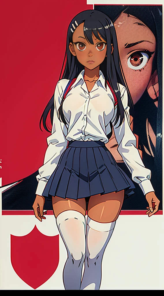 nagatoro hayase, hair ornament, brown eyes, hairclip, (dark skin, dark skinned female), black hair, (gyaru, bimbo, thin toned body, long legs, thick thighs, narrow waist), wide hips, beautiful detailed face, detailed body, detailed eyes, tight slutty school uniform, pleated red latex skirt, white shirt tucked in, (white thighhighs, low heels)