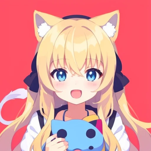 coloredic0n icon, ik1, 1girl, neko girl, ((centered)), ((anime)) , holding stuffed animal, open mouth, happy, icon