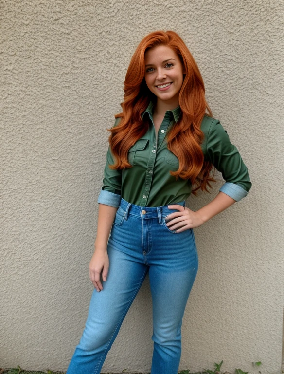 Realistic portrayal:1.2, photorealistic, 8k, Sam from Totally Spies! long slightly wavy orange hair, emerald green eyes and fair skin; smiling,wearing a full body denim outfit. , wide-angle shot, high-angle shot
