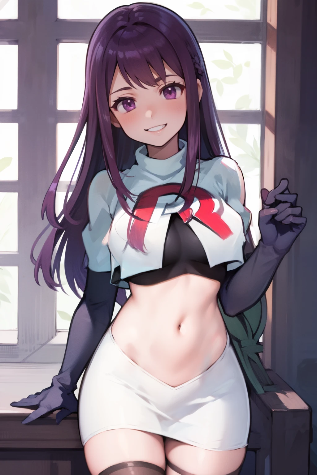 ivy fe purple eyes, purple hair, team rocket uniform, red letter R, white skirt,white crop top,black thigh-highs,black elbow gloves, smile, show teeth,