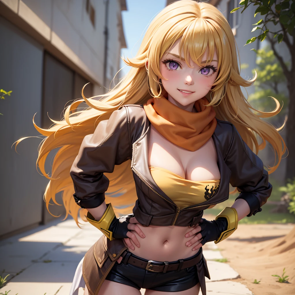 (masterpiece, best quality:1.2), cowboy shot, solo, 1girl, yang xiao long, grin, hand on hip, ahoge, purple eyes, brown jacket, yellow tube top, black shorts, black fingerless gloves, orange scarf, waist cape, midriff, cleavage, large breasts, country lane