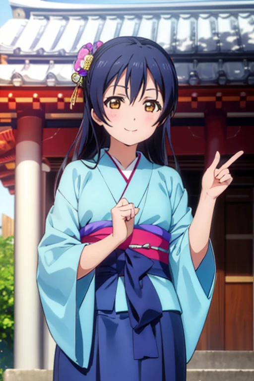 (((pixel perfect, Detail Perfect))), bad hand，Well-formed five-finger，Solo, 1girl in, Umi Sonoda, Looking at Viewer, Smile、Komono，Komono，Cyan kimono，Kimono，Furisode，long  skirt，shrines