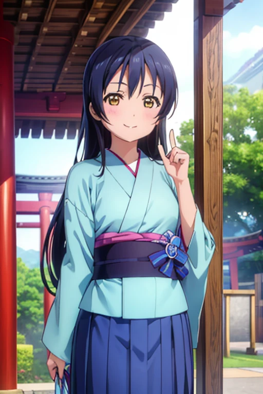 (((pixel perfect, Detail Perfect))), bad hand，Well-formed five-finger，Solo, 1girl in, Umi Sonoda, Looking at Viewer, Smile、Komono，Komono，Cyan kimono，Kimono，Furisode，long  skirt，shrines