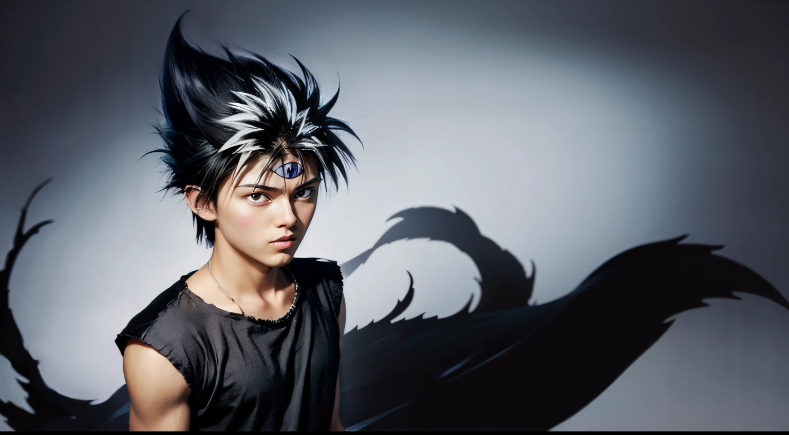 masterpiece, best quality, 1boy, hiei, black hair, white hair, spiked hair, red eyes, third eye, upper body, sleeveless, torn clothes, sketch, solo, background, realistic, detailed eyes, detailed face