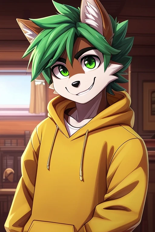8K, wolf, spiky hair, nose bandage, bright lime green hair, boy, boy, cute boy, cute, lime green eyes, lime green hoodie, smiling, delinquent, handsome, very detailed, intricate detail, detailed face, cute fang, enthusiastic, energetic