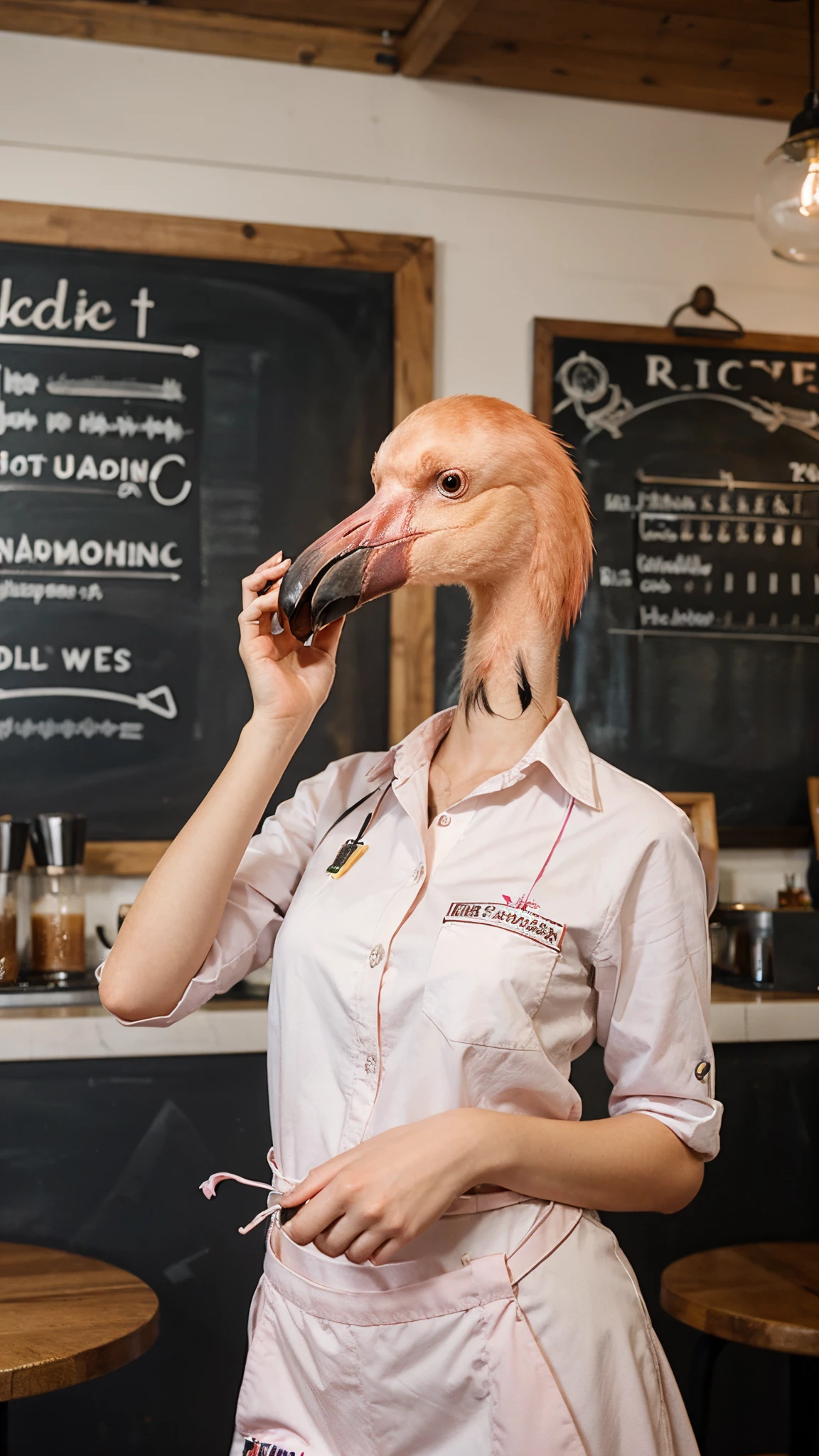 An anthropomorpic flamingo working at a cafe