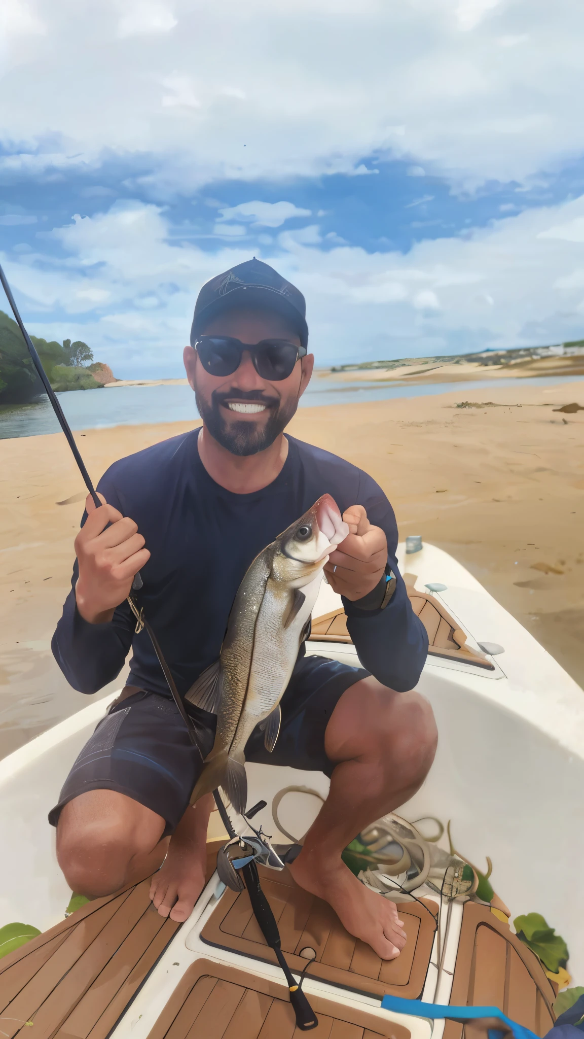 homem arafiado segurando um peixe em um barco na praia, caio santos, peixes no fundo, Homem de 30 anos, andrea rocha, Directed by: Felipe Seade, vestindo um pescador 🧥, por Romain brook, Fotografia tirada em 2 0 2 0, divertindo-se, Directed by: Willian Murai, holding an fish in his hand