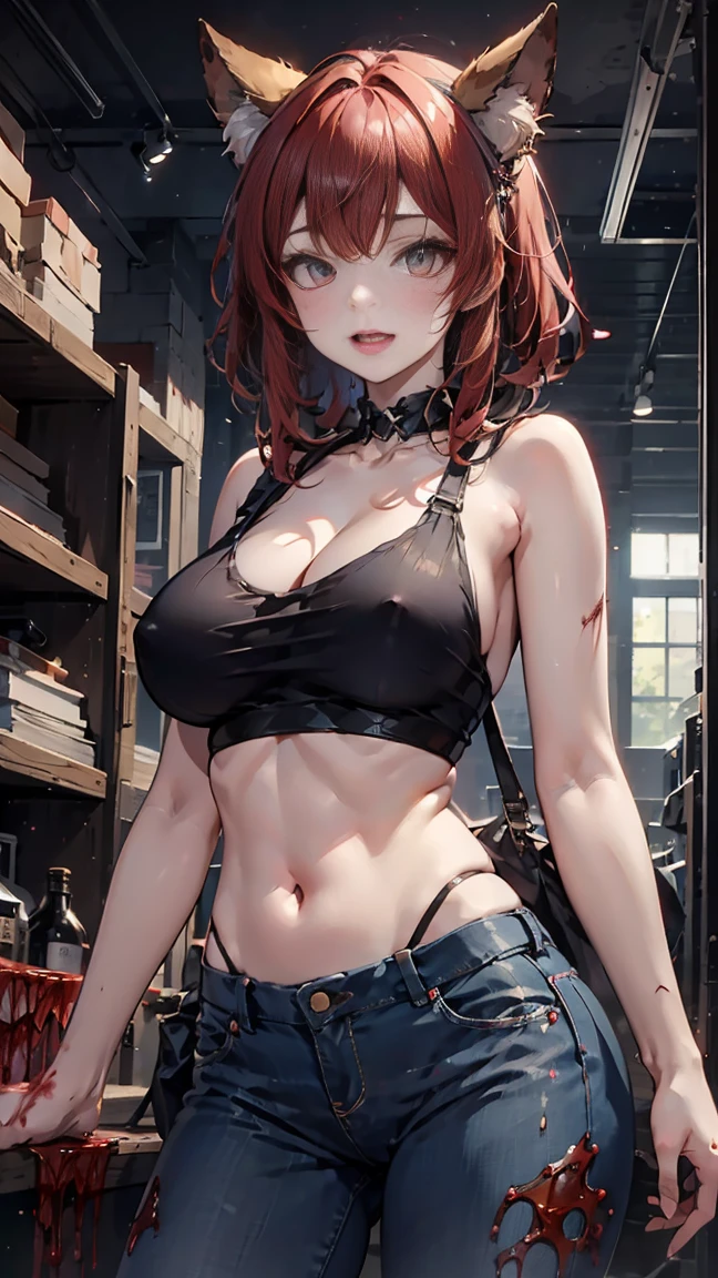 A girl whose face is stained with blood,Twin-tailed,large full breasts,Very big ass、Tank Tops,low rise jeans,Looking down here,Laugh with your mouth wide open,torture room,murky,8K,High quality,Super Detail,super precision,Bloody,hanging body bag,Slasher,Blood Bath,