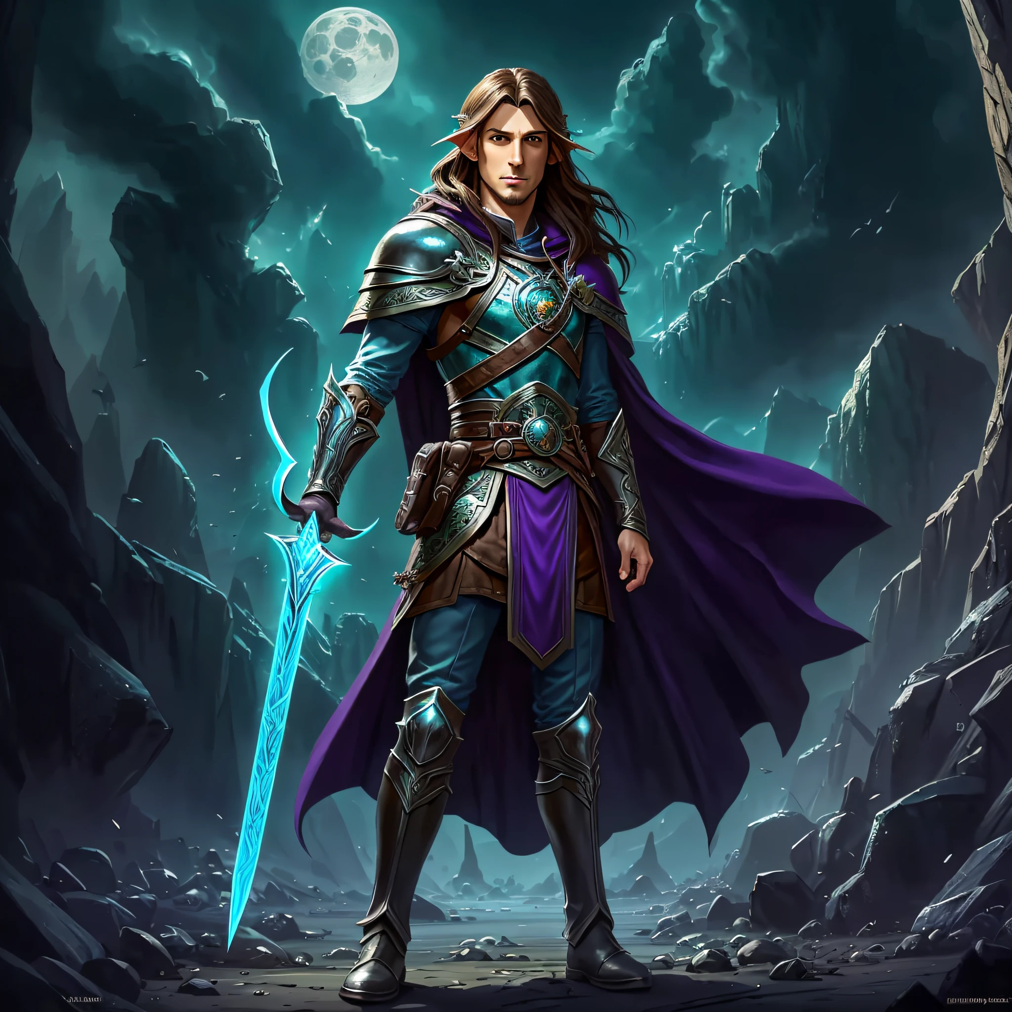 portrait of a full body, Male half elf, with short stubble, with long brown hair hair, blue eyes, 4k fantasy art, bladesinger casting a spell, 4k fantasy art, dnd, forgotten realms setting, 4k fantasy art, dnd, wearing full leather armor dnd 4k fantasy, wearing purple cloak, bladesinger 4k fantasy art, RPG art, dnd art, holding a moonblade with elven sigils 4k fantasy art, in a fantasy urban setting, 4k fantasy art --auto --s2