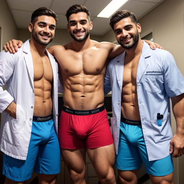 3 Doctores guapos, que se les vean los boxers, de pie, musculosos, que se les vean obligatoriamente la cara y que tengan un bulto grande en la entrepierna. que esten sonriendo, ojos de color grises. Que usen medical items, que usen bata
