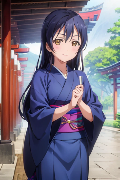 (((pixel perfect, Detail Perfect))), Bad Hand，Well-formed five-finger，Solo, 1girl in, Umi Sonoda, Looking at Viewer, Smile、Komono，Komono，Blue kimono，Kimono，Furisode，long  skirt，shrines