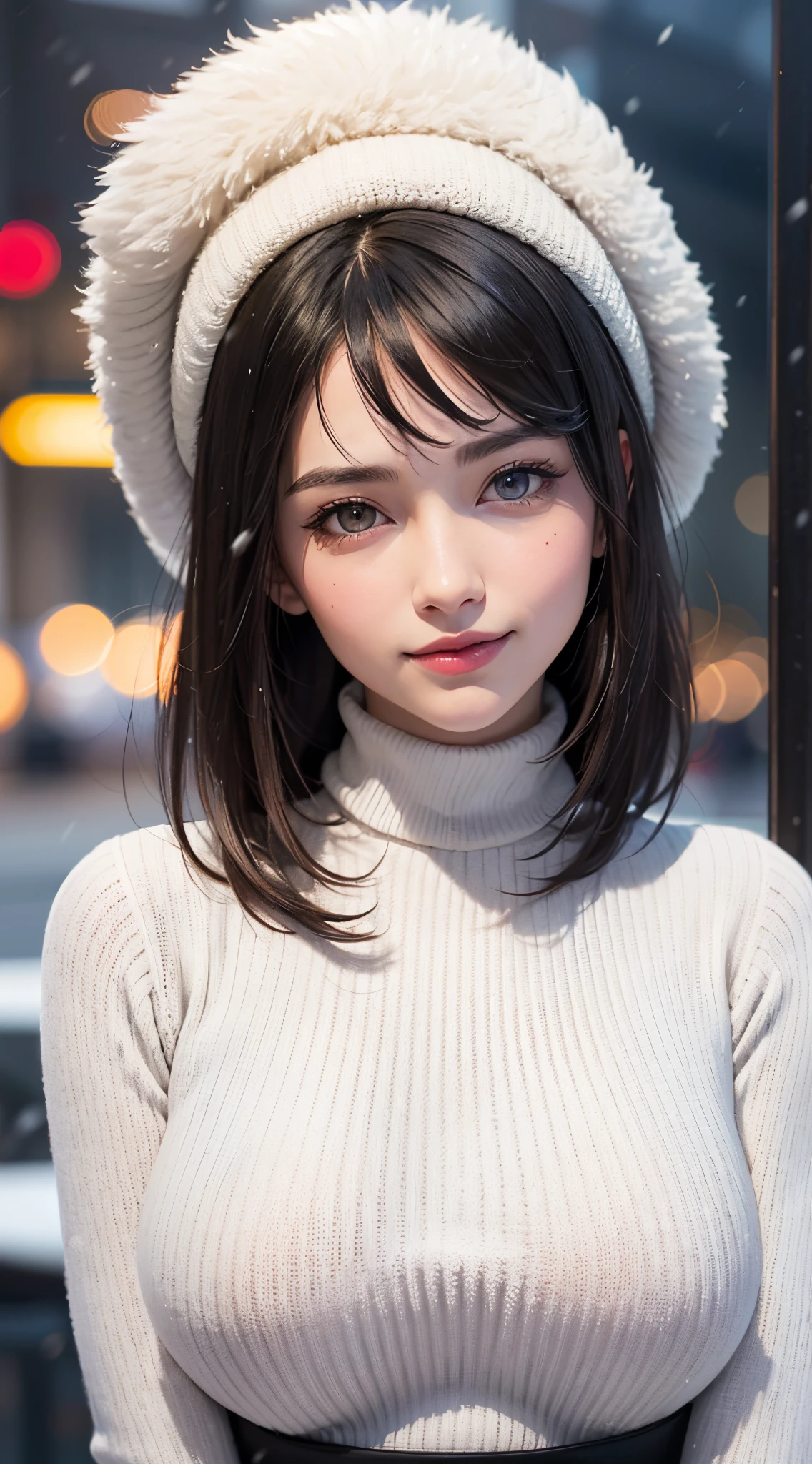 (UHD, retina, masterpiece, ccurate, anatomically correct, textured skin, super detail, high details, high quality, best quality, highres, 1080P, HD, 4K, 8k, 16k), (beautiful detailed eyes, beautiful detailed lips, extremely detailed eyes and face), studio lighting, physically-based rendering, vivid colorig tits, super big tits, super extra big tits, glamorous body), (white turtleneck knit), (portrait, shiny hair, shiny skin), (bokeh), (tilt your head to the side:1.5), bowl cut, asymmetrical hair, eye reflection, jet black hair, large eyes with a characteristic long cut, snow-like skin, pink lips, rosy cheeks, large breasts, a charming smile that captivates the onlookers, and an intelligent brain, (european face),