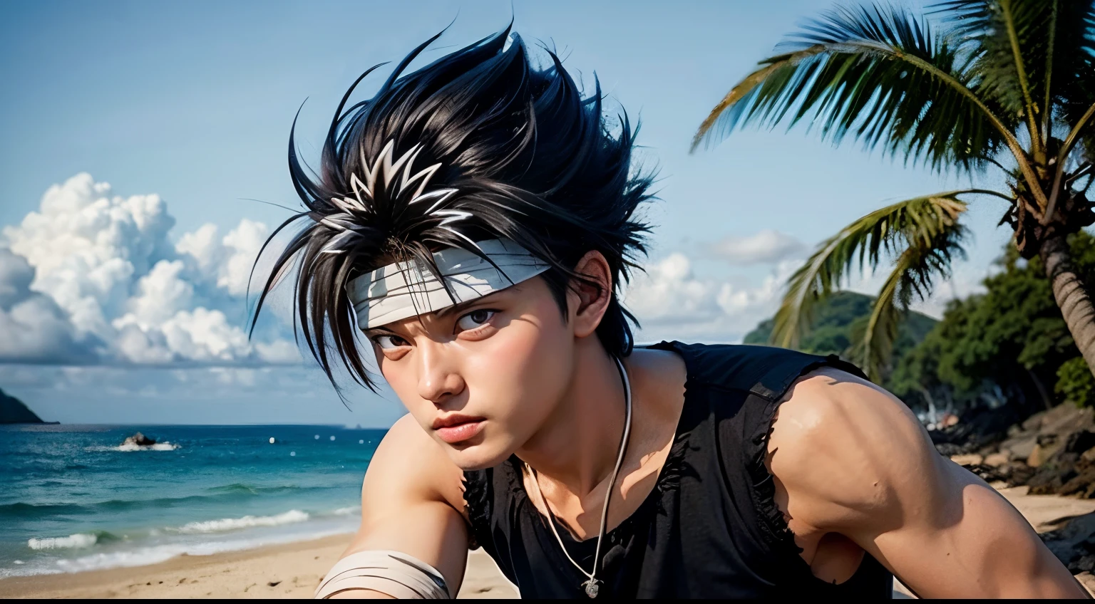 masterpiece, best quality, 1boy, hiei, black hair, white hair, spiked hair, red eyes, headband, bandages, upper body, sleeveless, torn clothes, solo, sea, sand, tropical island background, realistic, detailed eyes, detailed face