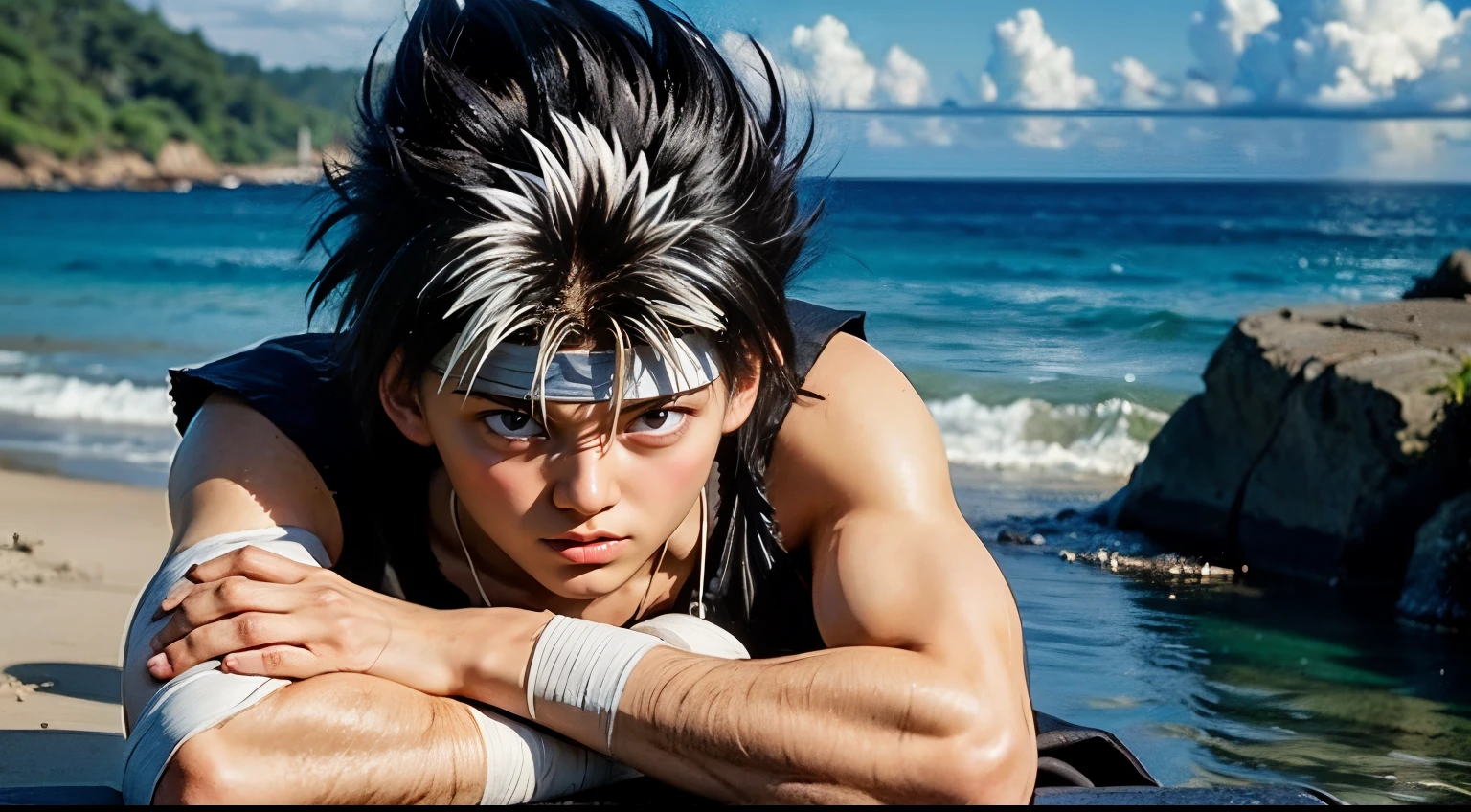 masterpiece, best quality, 1boy, hiei, black hair, white hair, spiked hair, red eyes, headband, bandages, upper body, sleeveless, torn clothes, solo, sea, sand, tropical island background, realistic, detailed eyes, detailed face