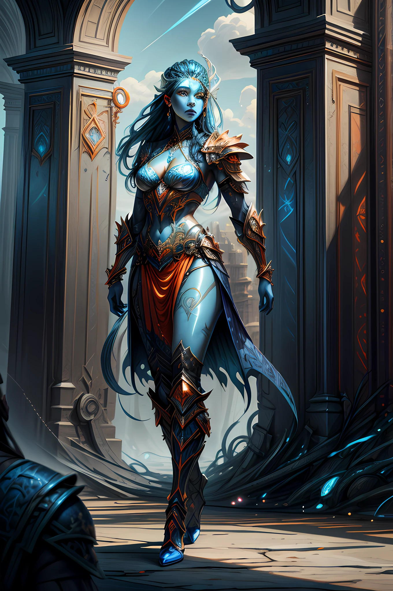 fantasy art, dnd art, RPG art, drkfntasy wide shot, (masterpiece:1.3), full body intense details, highly detailed, photorealistic, best quality, highres, portrait of a exotic race vedalken female (fantasy art, Masterpiece, best quality: 1.3) (blue colored skin: 1.3), intense details facial detail fantasy art, Masterpiece, best qualitGlowingRunes_palebluey)cleric, (blue colored skin: 1.3) 1person blue_skin, (bold head: 1.4), intense green eye, fantasy art, Masterpiece, best quality) armed a glowing sword , wearing heavy (white: 1.3) half plate mail armor LnF wearing high heeled laced boots, wearing an(orange :1.3) cloak within fantasy temple background and sun and clouds, reflection light, high details, best quality, 16k, [ultra detailed], masterpiece, best quality, (extremely detailed), dynamic angle, ultra wide shot, photorealistic, RAW, fantasy art, dnd art, fantasy art, realistic art