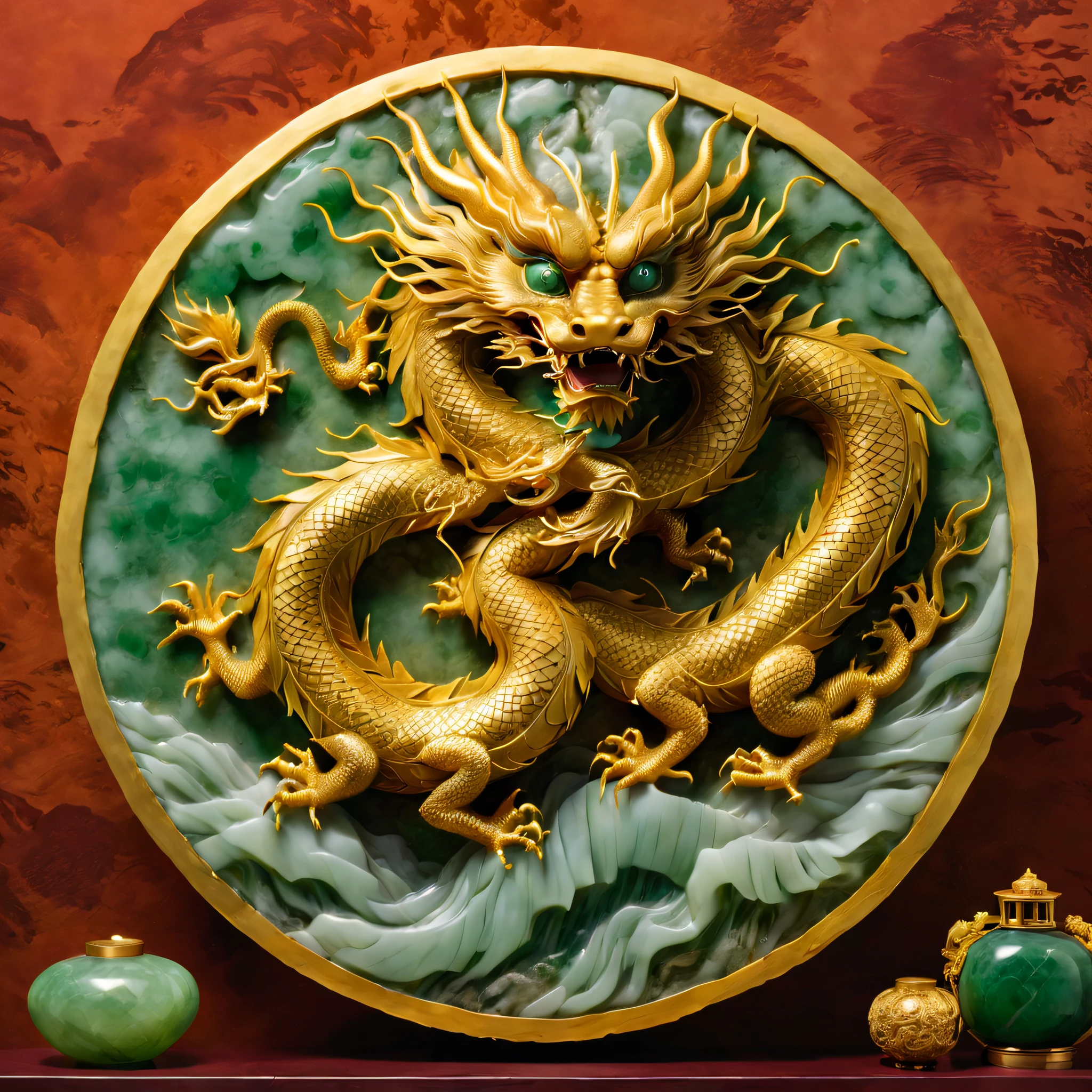 (中景 the scene : 1.5), (tmasterpiece), 1 round jade wall piece, sculpted (chinesedragon: 1.5), (Made of jade and gold, matte finish, worn), (Traditional carving, Etching technology), It collected by the Metropolitan Museum of Art , Product Aesthetic Lenses, Chinese, Real photos,1.4x more realism,hyper HD, Anatomically correct, tmasterpiece, acurate, super detailing, high detal, Best quality at best, 8K, Sky blue_drak