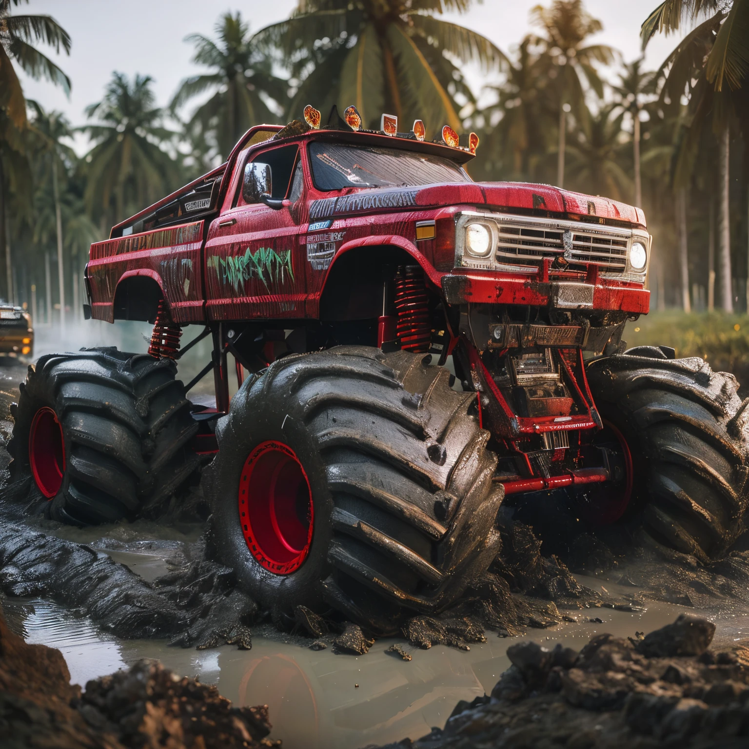 Da ist ein Monstertruck, driving through the mud, Ultrarealistische 3D-Illustration, Hyperdetailliertes 3D-Rendering, Hyperdetailliertes 3D-Rendering, rolands zilvinskis 3d render art, Monster Truck, Abenteuer Hyperrealistisches Rendern, Oktan fotorealistisches 3D-Rendering, Digitale Malerei sehr detailliert, Greg Rutkowski. Oktan-Rendering, Offroad, Epische 3D-Illustrationen, a hot blonde woman with big tits in a bikini standing in front of the monster truck