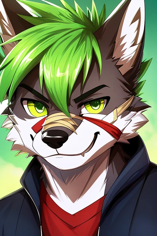 8K, (((wolf))), ((spiky hair)), (((nose bandage))), ((lime green hair)), boy, schoolboy, cute boy, cute, lime green eyes, lime green hoodie, long muzzle, smiling, delinquent, handsome, very detailed, intricate detail, detailed face, cute fang, enthusiastic, energetic, playful