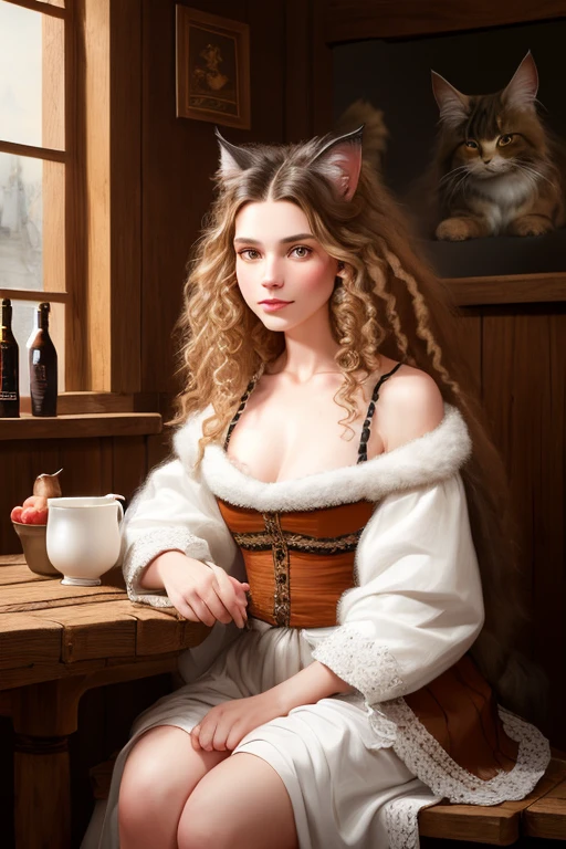 modelshoot style, 8k, portrait of a cute maine coon cat sitting on a wooden table in a medieval tavern, detailed fur, trending on ArtStation, trending on CGSociety, Intricate, High Detail, Sharp focus, dramatic lighting, digital painting, digital art, by artgerm, by Liang Xing, by WLOP