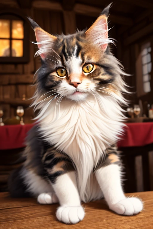 modelshoot style, 8k, portrait of a cute maine coon cat sitting on a wooden table in a medieval tavern, detailed fur, trending on ArtStation, trending on CGSociety, Intricate, High Detail, Sharp focus, dramatic lighting, digital painting, digital art, by artgerm, by Liang Xing, by WLOP