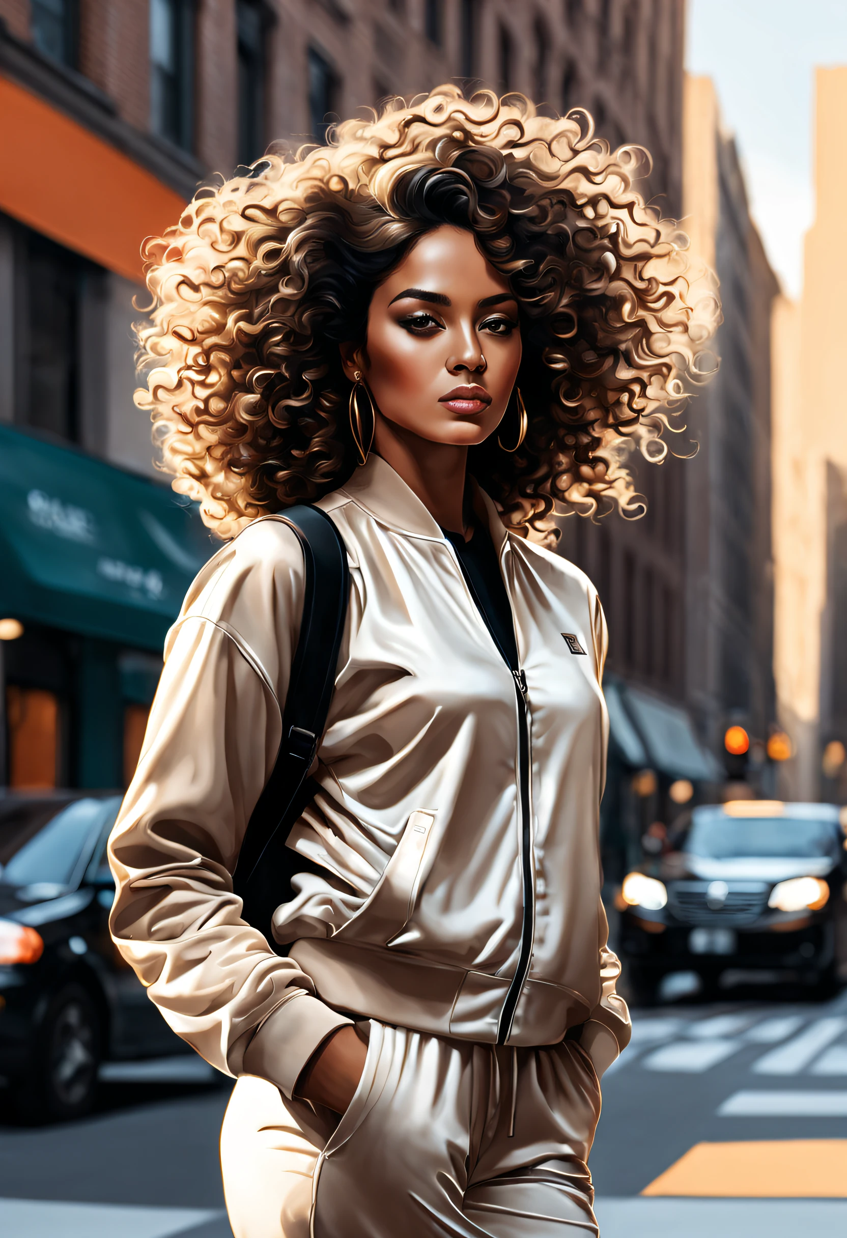 A visually stunning illustration of an elegant South Asian woman with luxurious curly hair, confiantemente parado em uma rua ensolarada da cidade. The woman is dressed in a chic running outfit that exudes the latest fashion trends. The artwork must achieve a remarkable level of digital realism, demonstrating exceptional attention to detail and accuracy in capturing subject characteristics. This piece was supposed to be a masterclass in fashion illustration and contemporary portraiture, combining the essence of modern street style with the sophistication of a soft environment, paleta de cores harmoniosa. The lighting should be dynamic, emphasizing the presence of the subject and the play of light and shadow in the environment. The resulting artwork should not only celebrate the individuality and style of the South Asian woman, but also serve as testimony to the convergence of art, moda, e cultura. Deve ser um retrato cativante, showcasing the best aspects of digital art in the realm of contemporary fashion illustration.