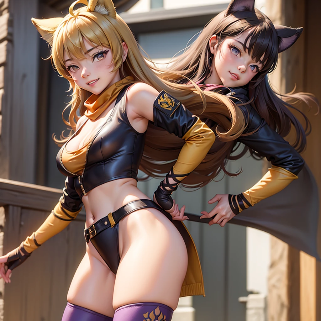 (masterpiece, best quality:1.2), cowboy shot, solo, 1girl, yang xiao long, grin, hand on hip, ahoge, purple eyes, brown jacket, yellow tube top, black shorts, black fingerless gloves, orange scarf, waist cape, midriff, cleavage, large breasts, country lane