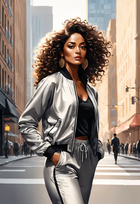 a visually striking illustration of a stylish south-asian woman with luxurious curly hair, confidently standing on a sunlit city...