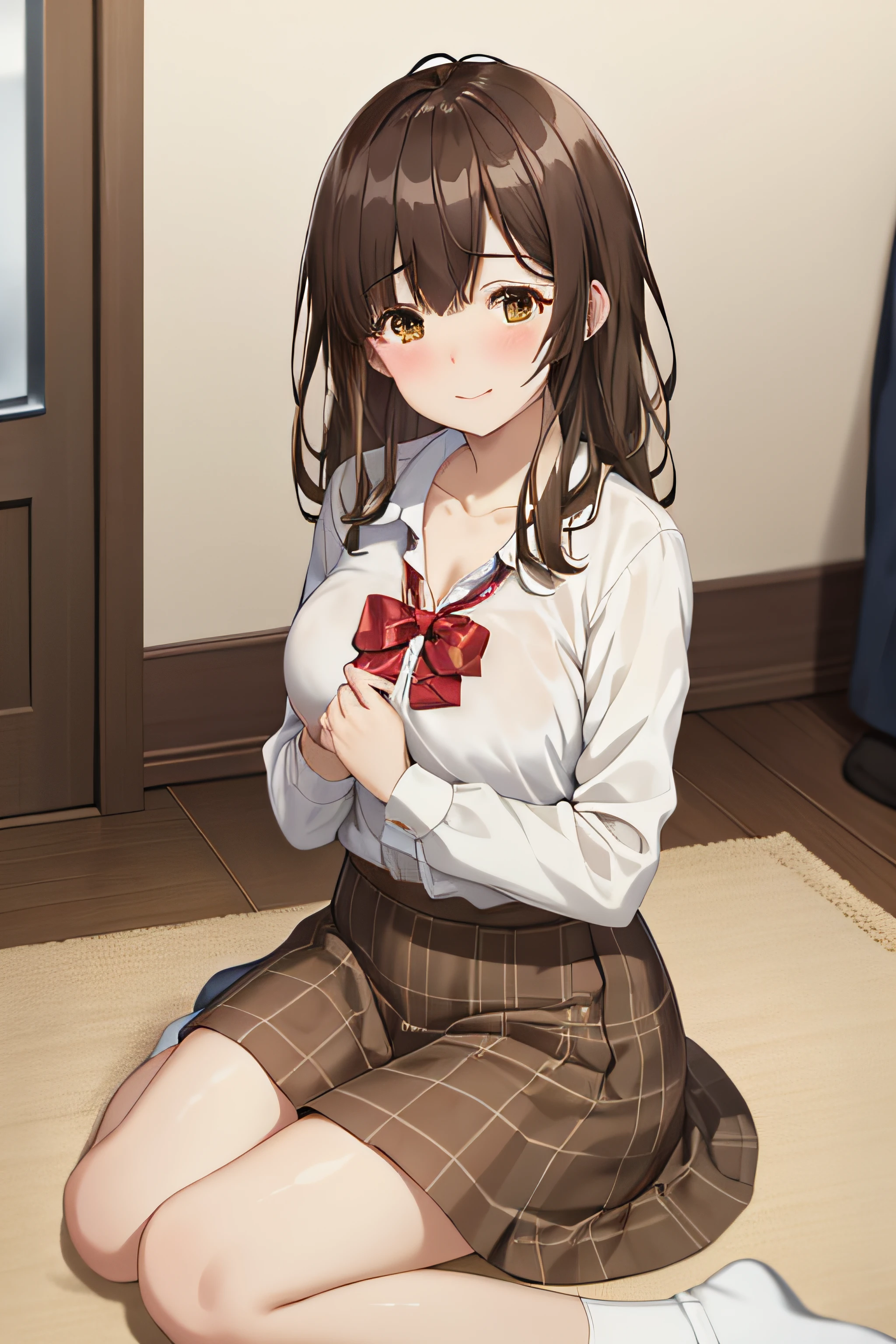 best quality, (masterpiece:1.2), highly detailed, indoors,
1girl, solo, ogiwara sayu,
looking at the viewer, medium breasts, smile, closed mouth, hand on own chest, blush, sitting,
brown eyes, brown hair, long hair, white shirt, plaid skirt, collarbone, cleavage, bowtie
