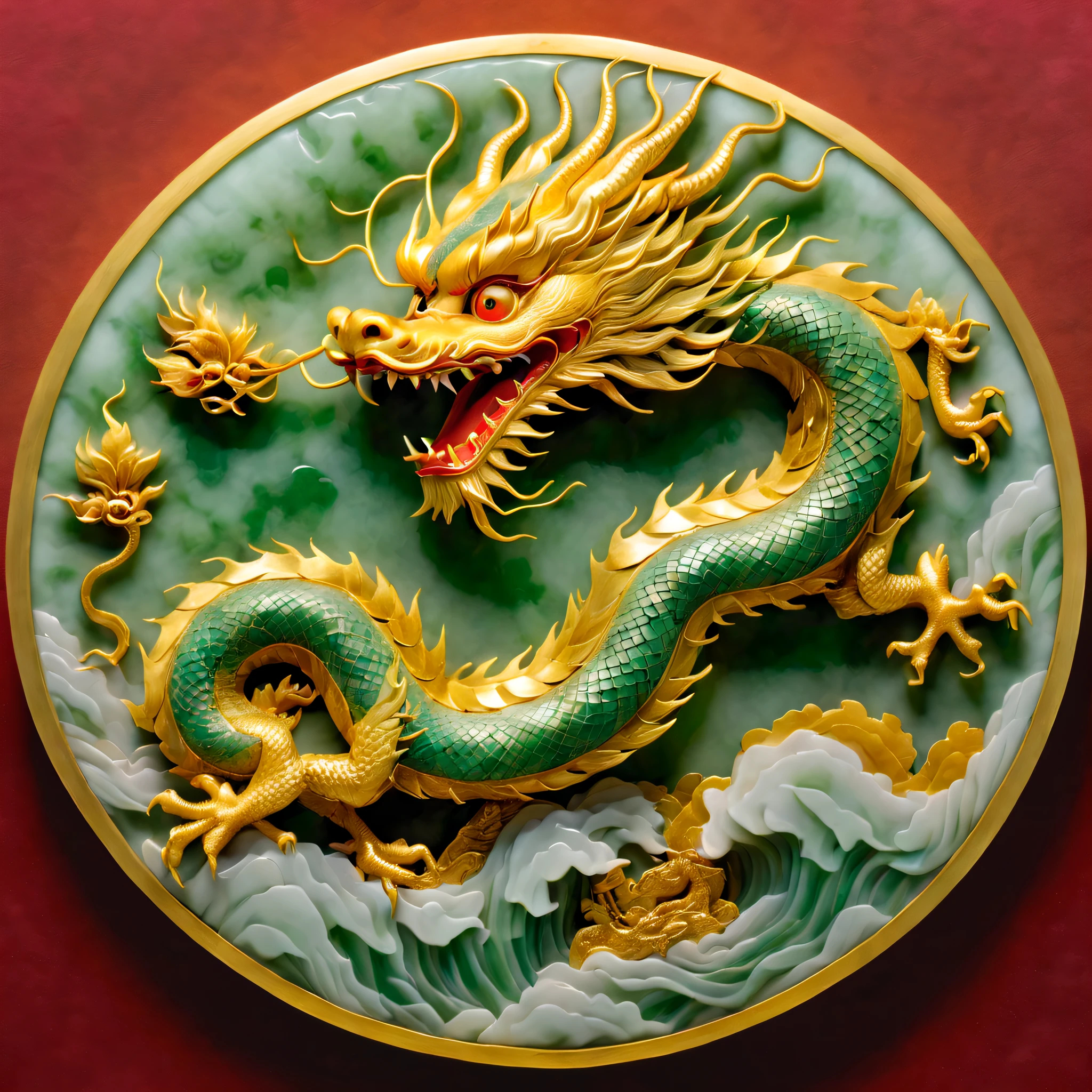 (tmasterpiece), 1 round jade wall piece, sculpted (chinesedragon: 1.5), (Made of jade and gold, matte finish, worn), (Traditional carving, Etching technology), It  collected by the Metropolitan Museum of Art , Product Aesthetic Lenses, Chinese, Real photos，1.4x more realism，hyper HD, Anatomically correct, tmasterpiece, acurate, super detailing, high detal, Best quality at best, 8K, Sky blue_drak