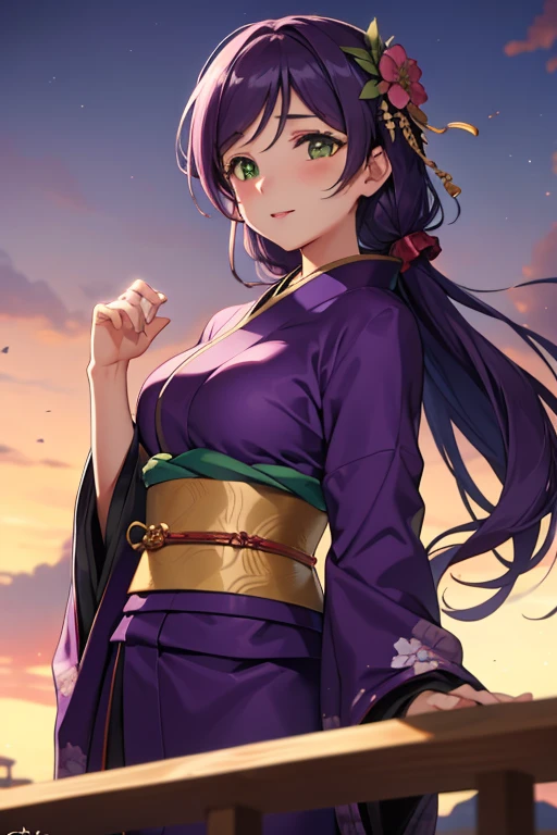 1girl in, Nozomi Tojo, (Green eyes:1.5), bat hand，Well equipped５This refers to，detailed five fingers，Purple hair, Long Straight，breasts protruding from clothes,slight smile, Looking at Viewer, POV, blush, Large breasts, Solo Focus, floating hearts,
masutepiece, Best Quality, beautifullydetailedbackground, Cinematic lighting,  Dark,Komono，Purple kimono，Kimono，Furisode，long  skirt，shrines