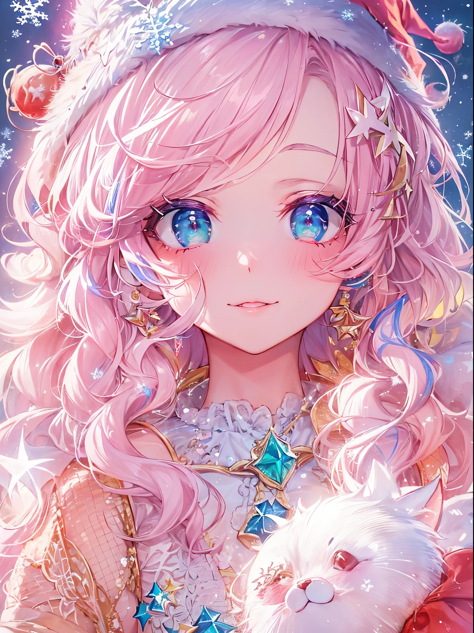 (2 girls in,8kDetails;1.5,8kResolution of;1.5), ((Christmas:1.2,santa costume:1.2)){{{Glitter Pupil:1.5, Heart-shaped pupil:1.5,eye glass:1.5}}}),((Half blue and half pink hair,Shiny hair,Glowing hair)), (Heterochromia), (Light focus :1.2, Warm light gradient:1.2,Bright light gradient , Lens Flare, Fluffy, kirakira, Dreamy), ((masutepiece, of the highest quality, Beautiful and aesthetic)), {{{The best lighting, Very delicate and beautiful,Cinematic Light}}}, (delicate detail,Hyper-detailing, intricate-detail)