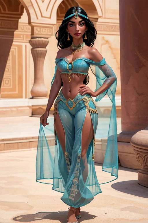 (Masterpiece, Best Quality, Highres:1.2), Detailed, Intricate Details, 8K,
1Girl, (Solo:1.2), jasmine, long hair, full body, jasmine as a middle east harem dancer, dark skin, wide hips, long legs, huge chest, thick thighs, toned flat belly, narrow waist, long hair, thick lips, lipstick, eyeliner, long eyelashes,
detailed face, detailed body, detailed eyes, highres, absurdres, high details,
see-through,
off-shoulder red indian top,
(light blue translucent (arabian pants, arabic pants) open at the calf),
translucent purple long skirt, circlet, outdoors, arabian palace, fountain