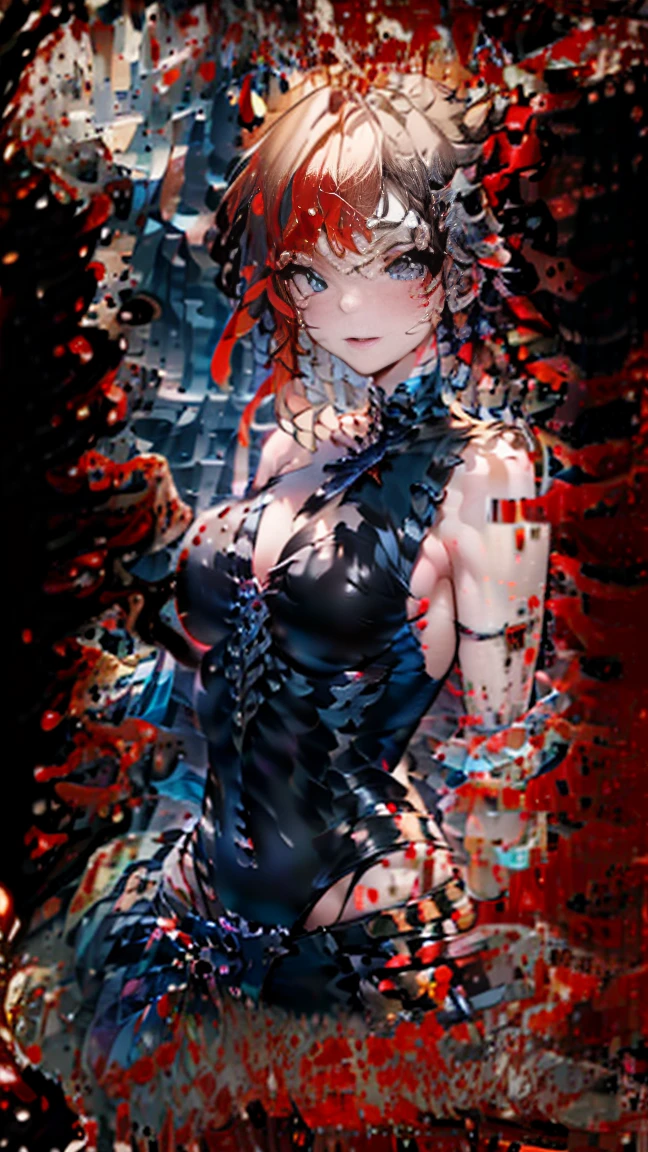 girl stained with blood,Two-side-up,very large breast,Very big ass、Tank Tops,low rise jeans,Looking down here,deadpan,torture room,murky,8K,High quality,Super Detail,super precision,Bloody knife,horor,