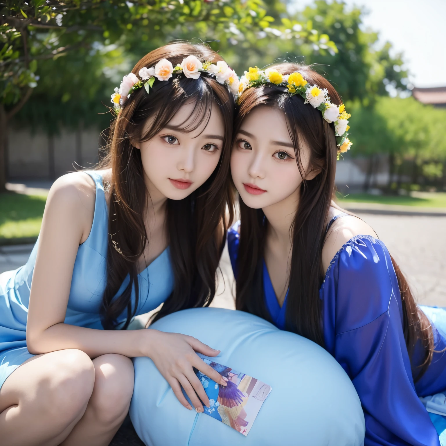 (Positive focus, Original photo),(((model shoot,2girls,duo,Hugging))),navel,Portrait close-up, (Sunset: 1.1), Surrealistic Female Portraits by David Hockney and Alphonse Mucha, Fantasy art, (Blue pupil: 1.4, shiny pupils: 1.4, Big eyes: 1.1), Photo fidelity, Dynamic lighting, Art Station, poster for, voluminetric lighting, Very detailed face, 4K, Award-winning, Shadows, understated, (official outfit: 1.4, Complex clothing), Looking at the camera, Bust Up Shot, (Realistic face)),