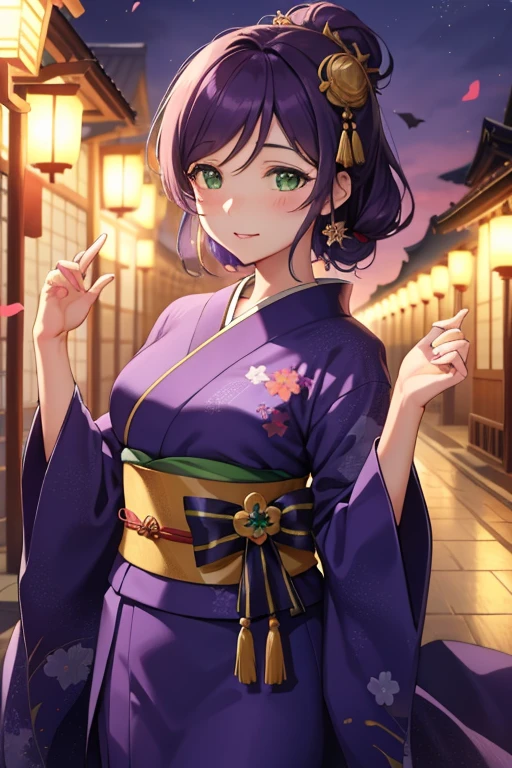 1girl in, Nozomi Tojo, (Green eyes:1.5), bat hand,Well equipped5This refers to,Detailed Five Fingers,Purple hair, Long Straight,breasts protruding from clothes,slight smile, Looking at Viewer, POV, blush, Large breasts, Solo Focus, floating hearts,
masutepiece, Best Quality, beautifullydetailedbackground, Cinematic lighting, Dark,Komono,Purple kimono,Kimono,Furisode,long skirt,shrines