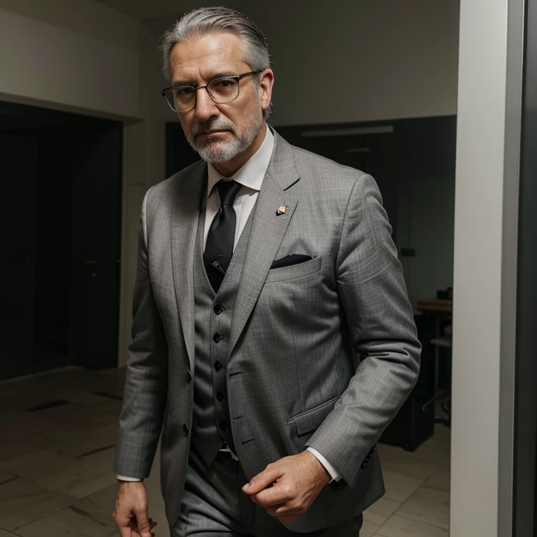 best quality,ultra-detailed,realistic:1.37,highres,portraits,gray hair,dark gray cropped hair combed back,gray beard,square-rimmed glasses,left-wing populist Argentinian president,wearing a Suit jacket,wearing a Gray waistcoat,wearing a black tie,54-year-old man,posing,democratic socialist protest