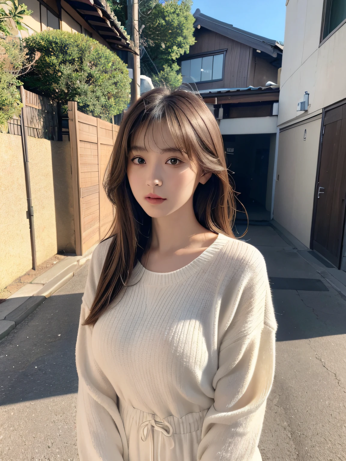 On a table, The highest image quality, high high quality, Beautiful Japan Girl, Cute big breasts, Intaglio idol diagram, Detailed pubic hair, 詳細な目, delicate skin, Beautiful skins, 超A high resolution, (actual: 1.4),It was beautiful, The face slightly younger, Beautiful skins, elongated, (Surreal), (A high resolution), (8K), (very detailed nippleeautiful detailed eyes), (ultra - detailed), (Wallpapers), (Detailed pubic hair face), looking at viewert, Detailed pubic hair, Detailed pubic hair face, sad, 's, long-sleeves sweater, trouser, Staring straight ahead, Staring straight ahead, Angle above the waist, Shoot real, Bright lights, profesional lighting, Mature woman, (Brown hair, bob hair, layered cut, Swaying in the wind, through bangs),