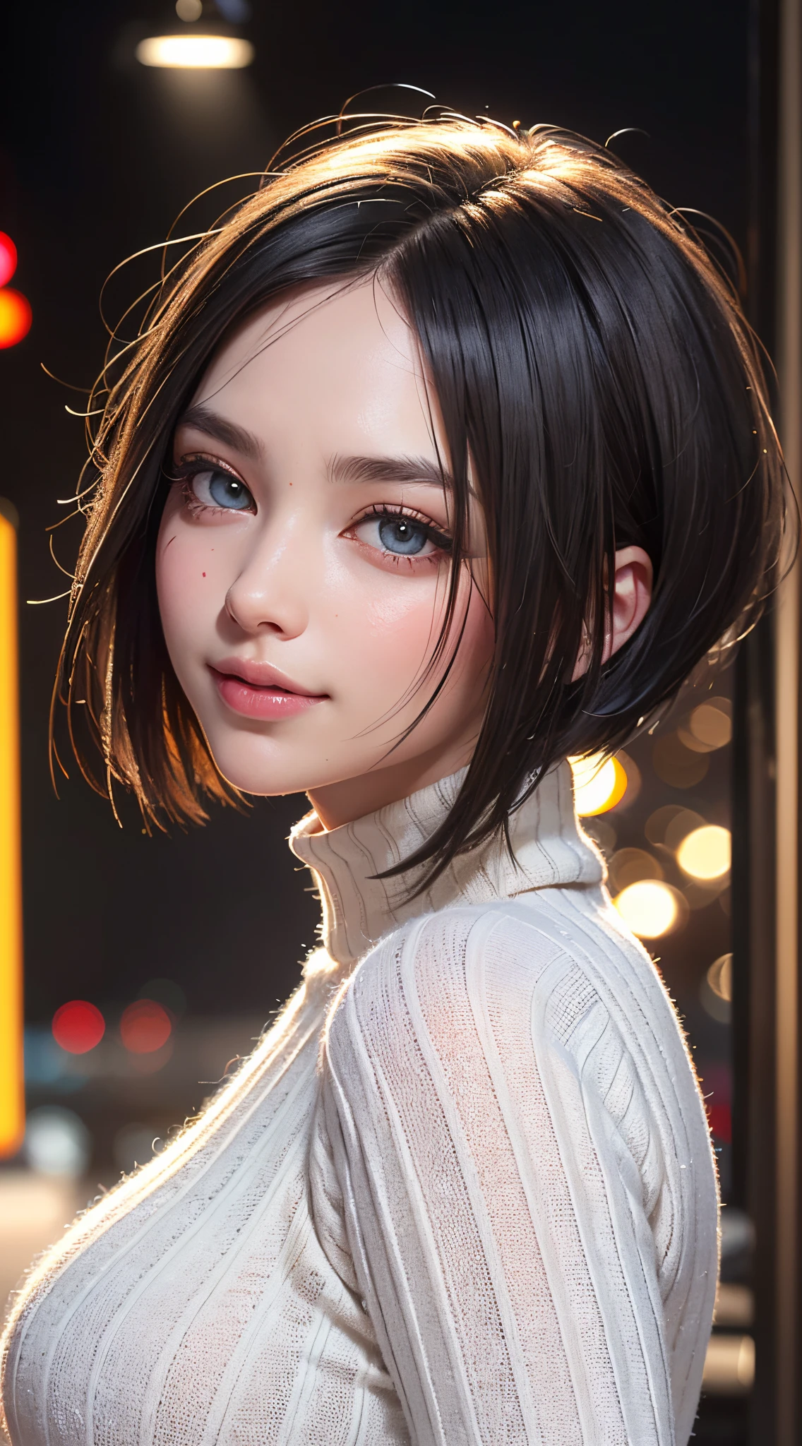 (UHD, retina, masterpiece, ccurate, anatomically correct, textured skin, super detail, high details, high quality, best quality, highres, 1080P, HD, 4K, 8k, 16k), (beautiful detailed eyes, beautiful detailed lips, extremely detailed eyes and face), studio lighting, physically-based rendering, vivid colorig tits, super big tits, super extra big tits, glamorous body), (white turtleneck knit), (portrait, shiny hair, shiny skin), (bokeh), (tilt your head to the side:1.5), jet black hair, large eyes with a characteristic long cut, snow-like skin, pink lips, rosy cheeks, large breasts, a charming smile that captivates the onlookers, and an intelligent brain, (bob cut, asymmetrical hair, eye reflection, european face, sanpakugan:1.5),