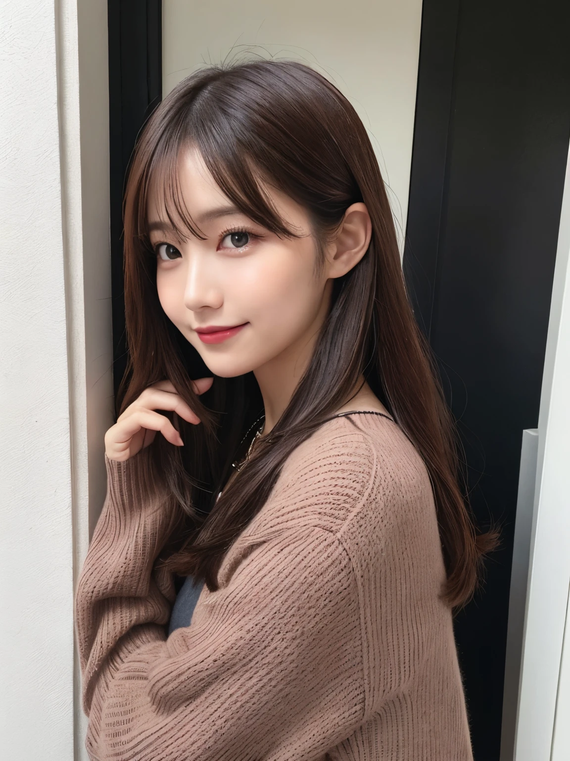masutepiece、Best Quality、Illustration、 ultra-detailliert、hight resolution、8K wallpaper beautiful detailed eyeedium hair、Natural Color Lip、Smile、Harajuku、30-year-old girl、Cute、No chest、white walls、Taken in front of the white door、(white wall room with window)、Poses variadas、Crouch down、crouching down、BREAK (Ombre:1.3) 、dark red hair color、Dark red hair color、Autumn clothes、Winter clothes、Simple Necklace、Winter clothes、Sweaters、(Beautiful profile:1.3)、Don't look at the camera、profile